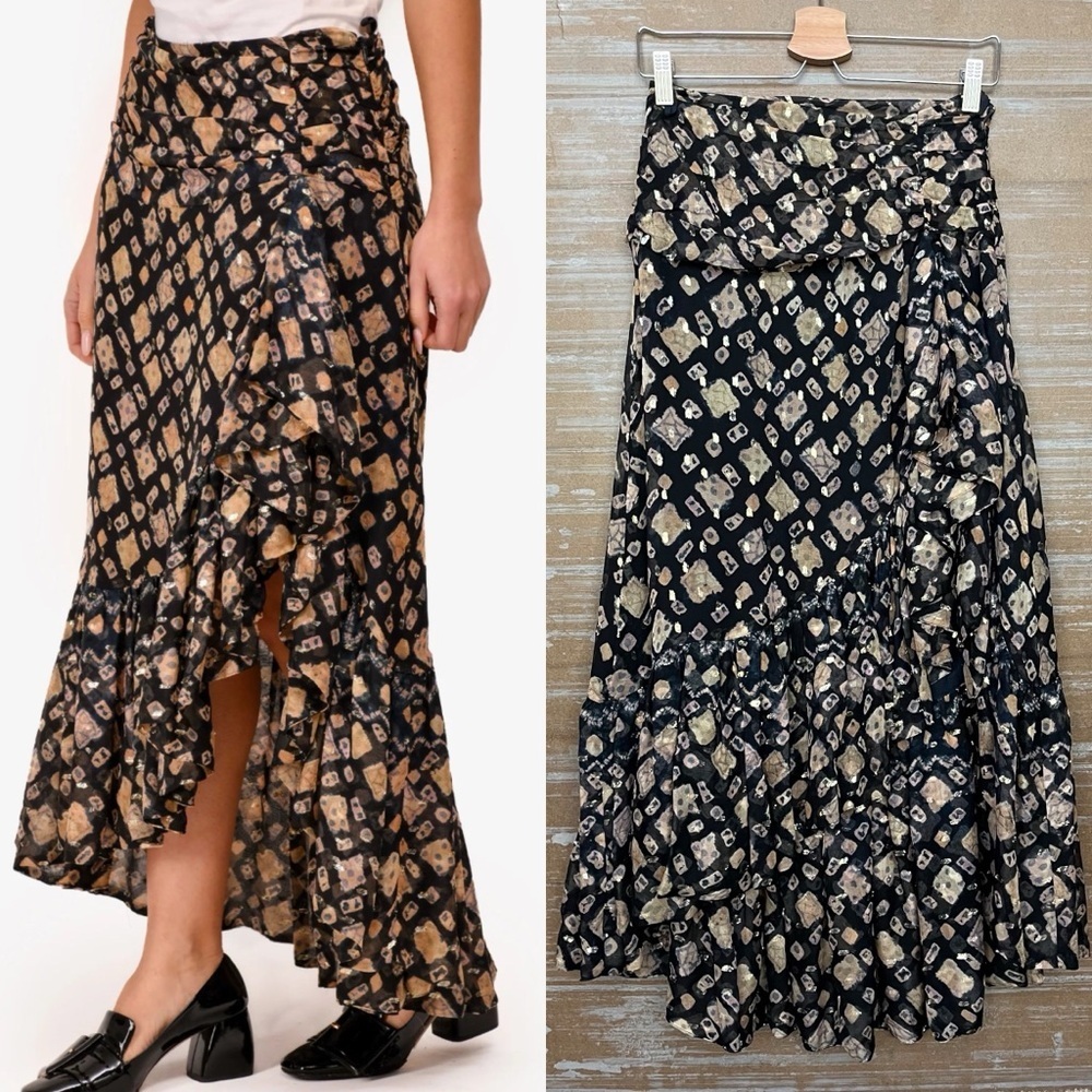 Ulla Johnson Allie Skirt Metallic Silk Ruffle Boho Preppy Summer Womens 2